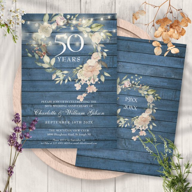 Blue Wood String Lights Floral 50th Anniversary Invitation (Blue Wood String Lights Floral 50th Anniversary Invitation)