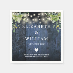 Blue Wood String Lights Greenery Wedding Napkin