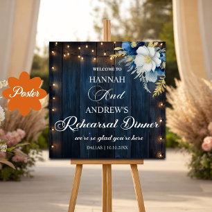 Blue Wood String Lights Rehearsal Dinner Welcome Poster