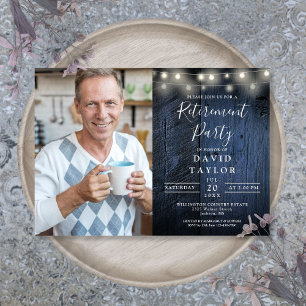 Blue Wood String Lights Retirement Party Photo Invitation