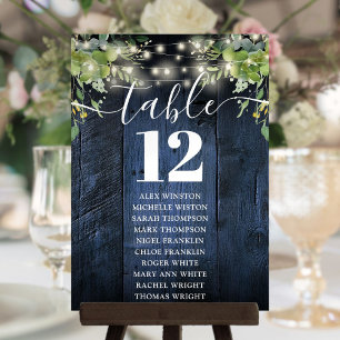 Blue Wood String Lights Table Number Seating Chart
