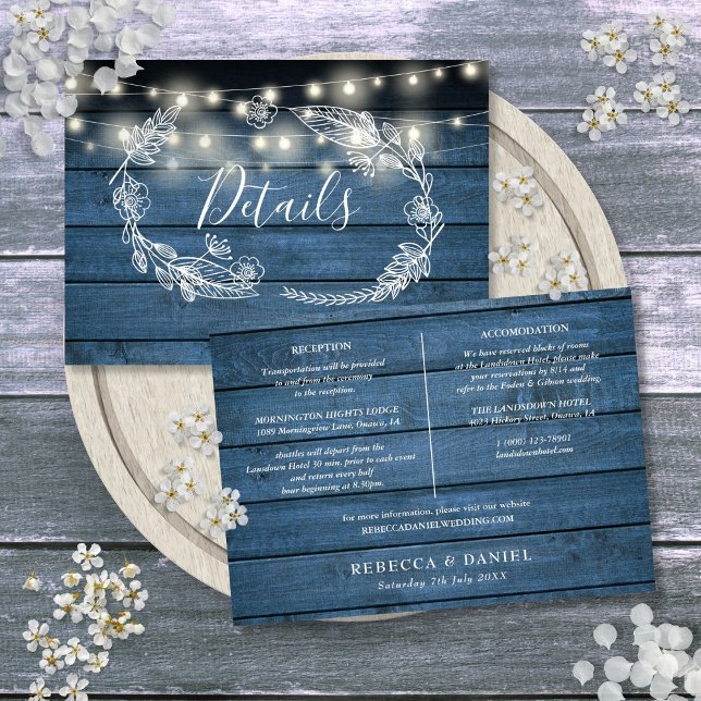 Blue Wood String Lights Wedding Details Card (Blue Wood String Lights Wedding Details Card)
