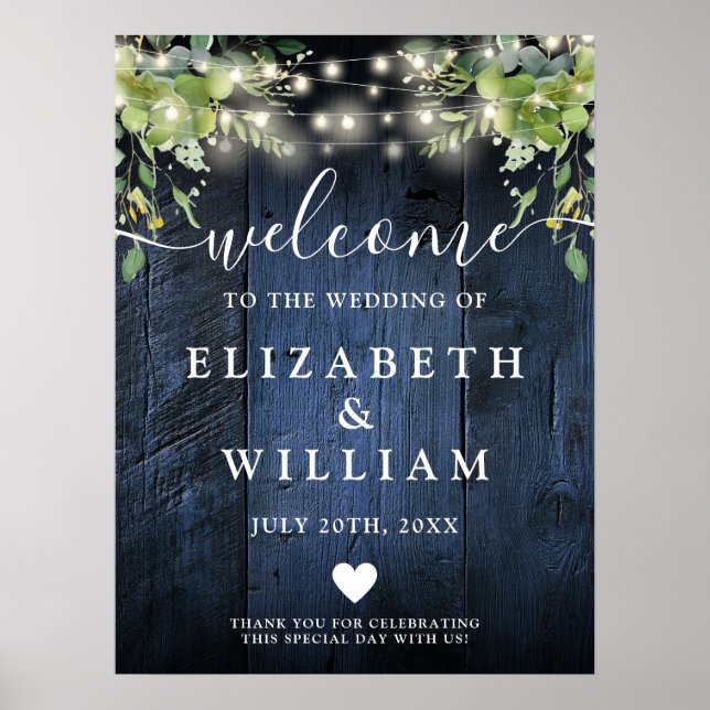 Blue Wood String Lights Wedding Welcome Sign (Front)