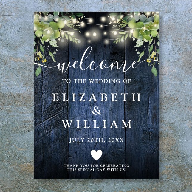 Blue Wood String Lights Wedding Welcome Sign (Blue Wood String Lights Wedding Welcome Sign)