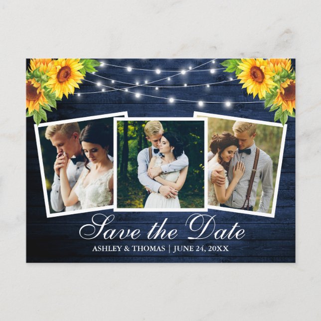 Blue Wood Sunflower Floral 3 Photo Save The Date Invitation Postcard (Front)