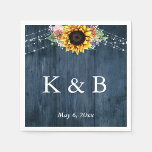 Blue Wood Sunflower Lights Initials & Date Napkin