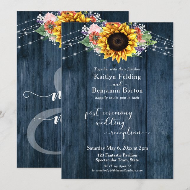 Blue Wood Sunflower Lights Post-Wedding Reception Invitation (Front/Back)
