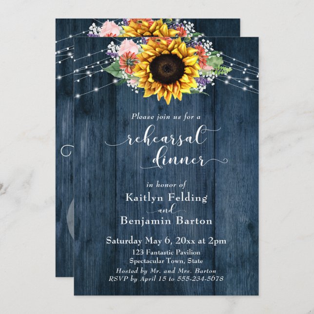 Blue Wood Sunflower Lights Post-Wedding Rehearsal Invitation (Front/Back)