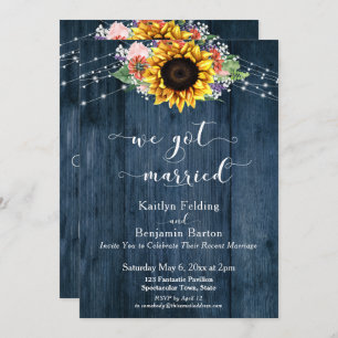 Blue Wood Sunflower Lights We Got Married Invitation