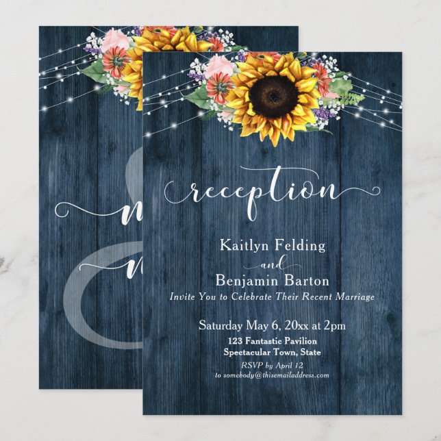 Blue Wood Sunflower Lights Wedding Reception Invitation (Front/Back)