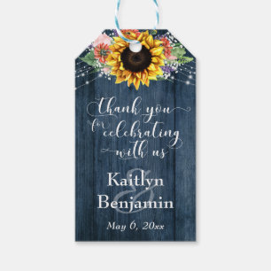 Blue Wood Sunflower Lights Wedding Thank You Gift Tags