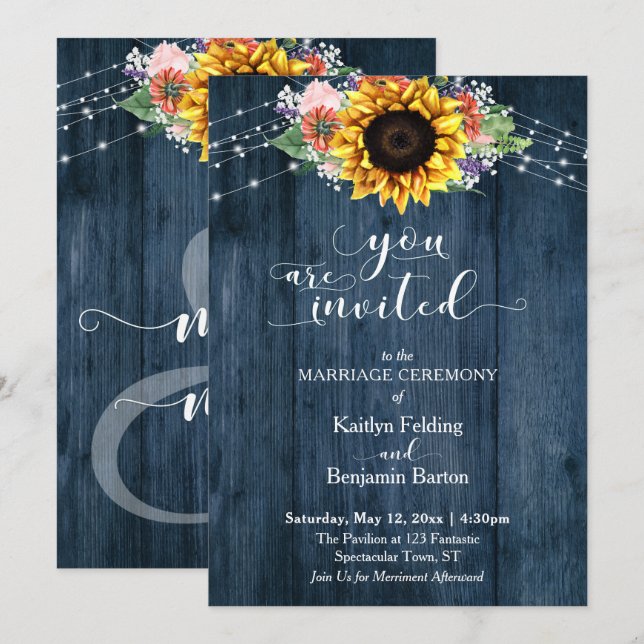 Blue Wood Sunflower Lights Wedding Typography Invitation (Front/Back)