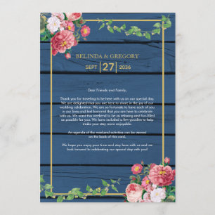 Blue Wood Vintage Roses Gold Wedding Itinerary Programme
