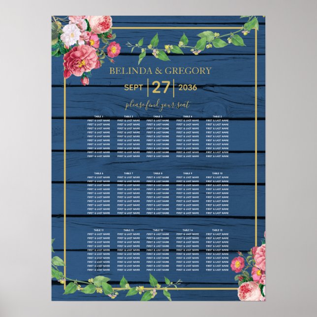 Blue Wood Vintage Roses Gold Wedding Seating Chart (Front)