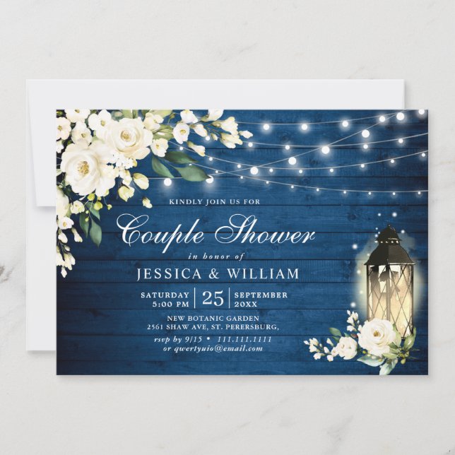 Blue Wood White Roses Lantern Rustic Couple Shower Invitation (Front)