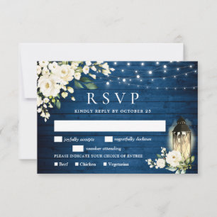 Blue Wood White Roses RSVP Card with Meal Choice