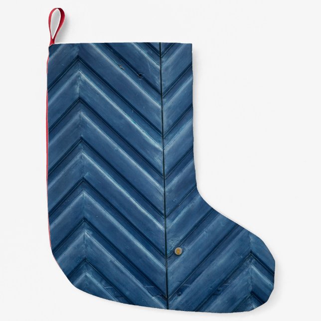 Blue wooden chevron wall small christmas stocking (Front)