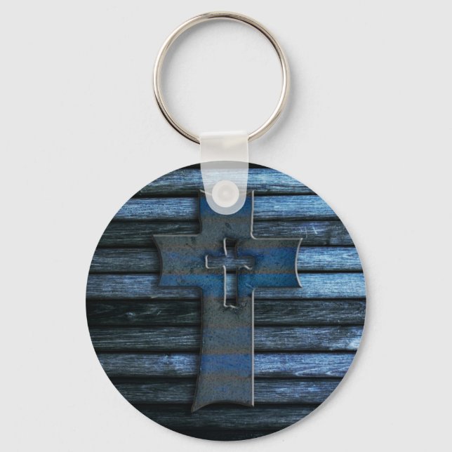 Blue Wooden Cross Key Ring (Front)