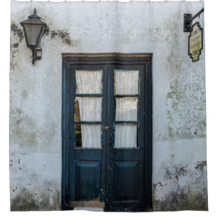BLUE WOODEN DOOR PANEL IN WHITE BUILDING SHOWER CURTAIN