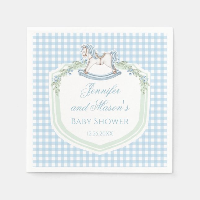 Blue wooden horse gingham crest baby boy shower napkin (Front)