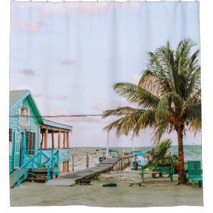 BLUE WOODEN HOUSE NEAR BODY OF WATER SHOWER CURTAIN