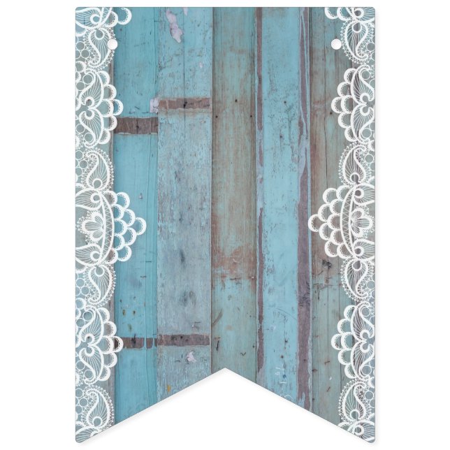 Blue Wooden Panel With White Lace Bunting (First Flag)