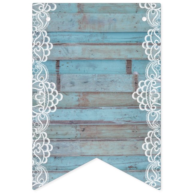 Blue Wooden Panel With White Lace Bunting (First Flag)
