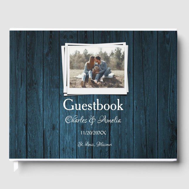 Blue Wooden Photo Wedding Day Guestbook (Front)