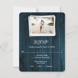 Blue Wooden Photo Wedding RSVP Card