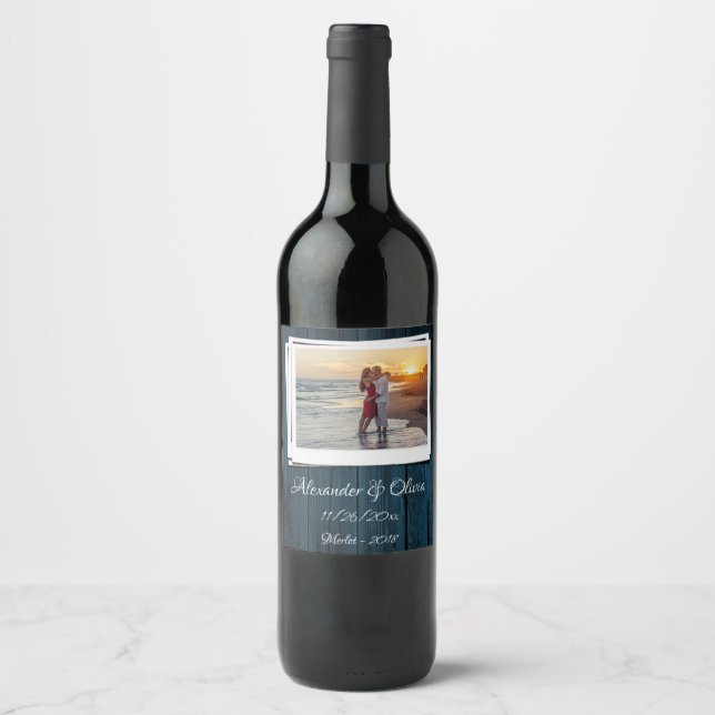 Blue Wooden Photo Wedding Wine Label (Front)