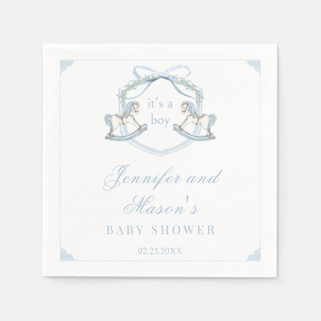 Blue wooden rocking horse crest baby boy shower napkin (Front)