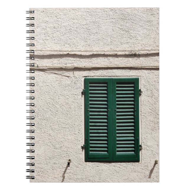 BLUE WOODEN WINDOW ON WHITE CONCRETE WALL NOTEBOOK (Front)