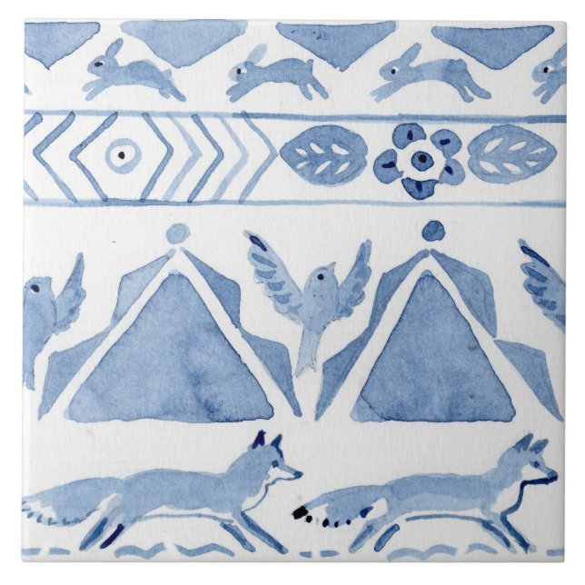 Blue Woodland Animal Ikat Pattern Fox Version 2 Tile (Front)