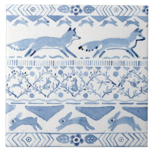 Blue Woodland Animal Ikat Pattern Fox Version 3 Tile
