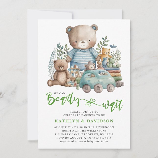 Blue Woodland Animal Toys Cute Script Baby Shower Invitation (Front)