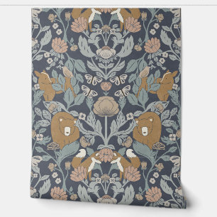 Blue Woodland Block Print Damask Wallpaper