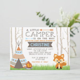 Blue Woodland Camper Forest Animals Baby Shower Invitation