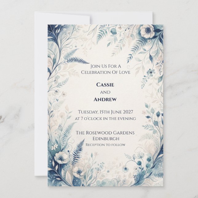 Blue Woodland Fern Anemone Wedding Invitation (Front)
