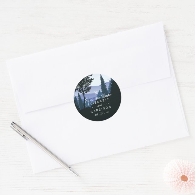 Blue Woodland Forest, Rustic Wedding Classic Round Sticker (Envelope)