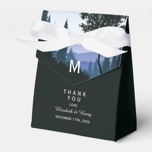 Blue Woodland Forest, Rustic Wedding Favour Box (Front Side)