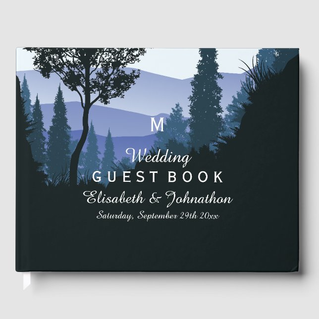 Blue Woodland Forest, Rustic Wedding Guest Book (Front)