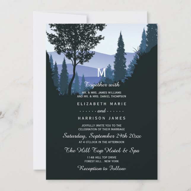 Blue Woodland Forest, Rustic Wedding Invitation (Front)