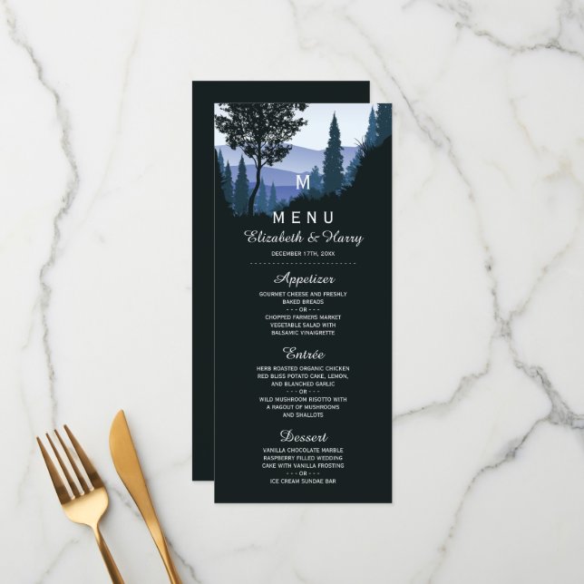 Blue Woodland Forest, Rustic Wedding Menu (Front/Back In Situ)