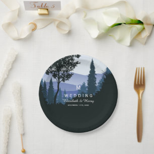 Blue Woodland Forest, Rustic Wedding Paper Plate
