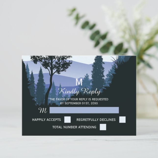Blue Woodland Forest, Rustic Wedding RSVP Card (Standing Front)