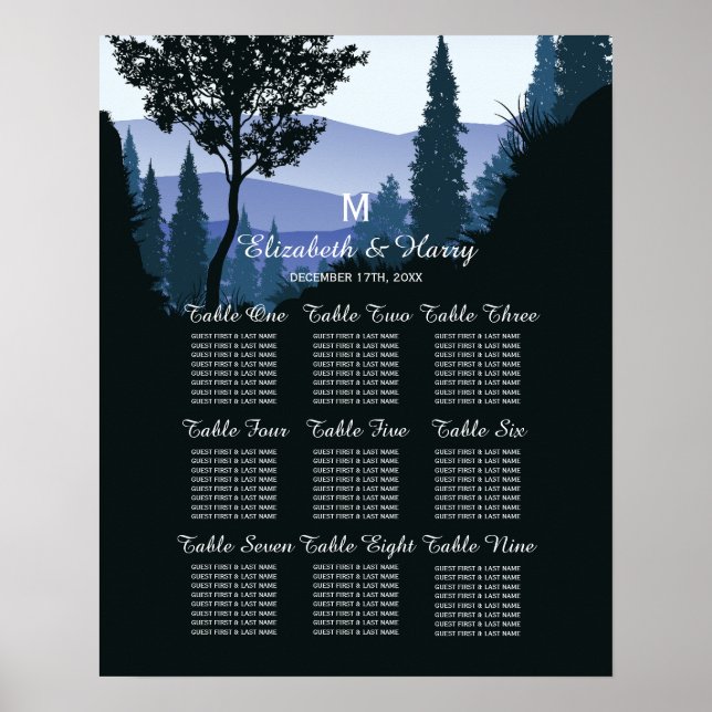 Blue Woodland Forest, Rustic Wedding Seating Chart (Front)