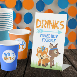 Blue Woodland Fox and Deer Drinks Table Pedestal Sign