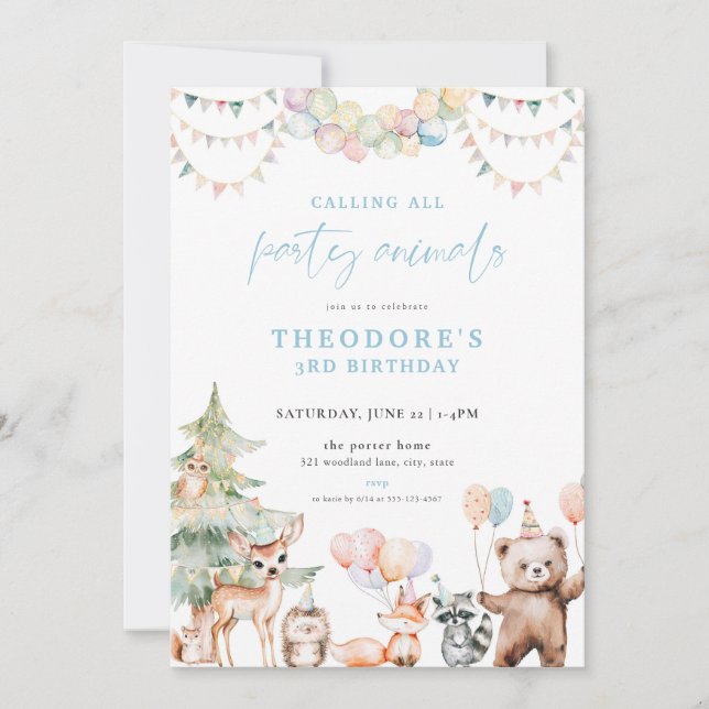 Blue Woodland Party Animals Birthday Invitation (Front)
