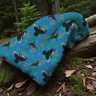 Blue Woodland Raven Leaves Pine Cones Black Birds Fleece Blanket