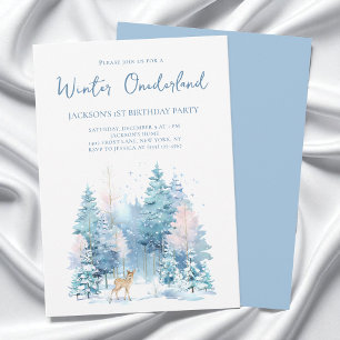 Blue Woodland Winter Wonderland 1st Birthday Party Invitation